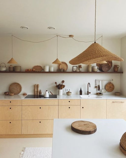 woven lampshades in a natural kitchen