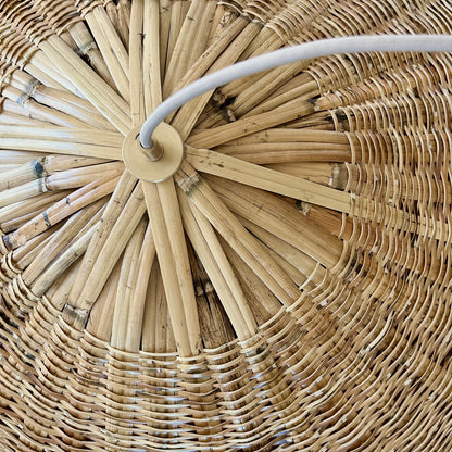 Showing the top of the hand woven Carrizo pendant light shade with the wiring of the pendant fixture.