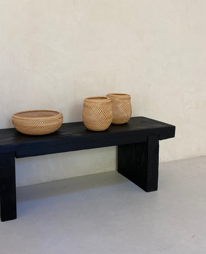 Three bamboo baskets, handcrafted and hand woven by Japanese artist Mie Kodama.